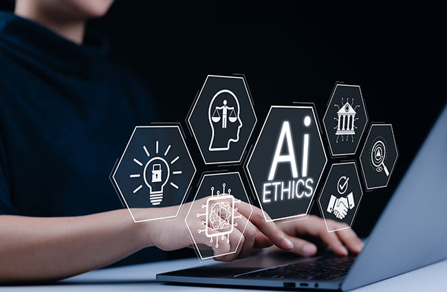 Person typing on laptop with overlays for AI and ethics