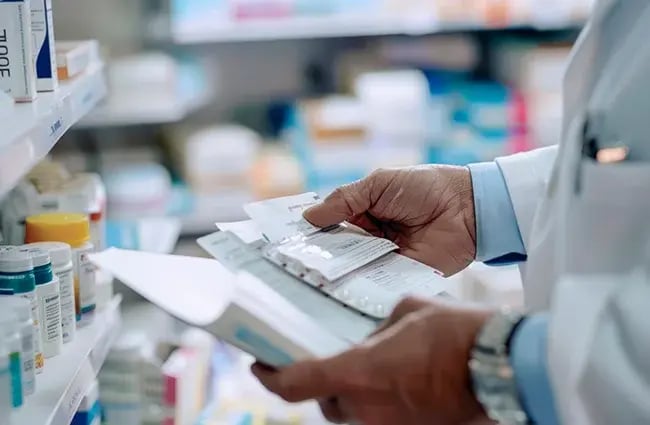 Man holding drugs reviewing the labels