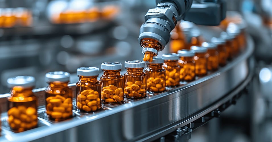 A Robotic arm placing medicine bottles on conveyor belt in manufacturing facility.