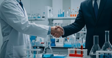 Scientist in lab coat shaking hands with a man in a suit