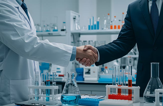 Scientist in a lab coat shaking hands with a man in a suit in an lab