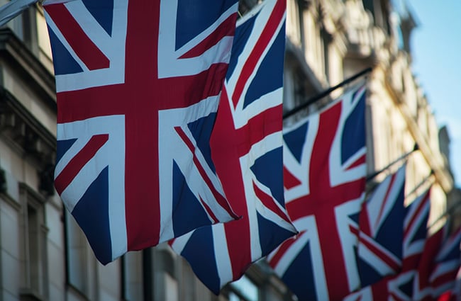 Row of United Kingdom flags hanging