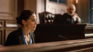 Woman-testifying-on-stand in-courtroom_AS_462414221