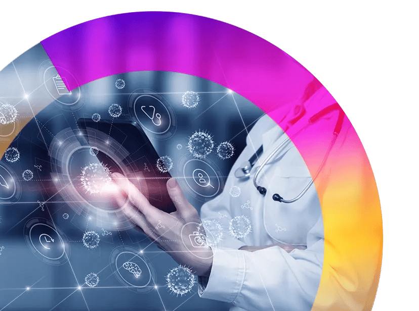 Person holding tablet with an overlay of medical icons and imagery inside ProPharma's iconic flywheel
