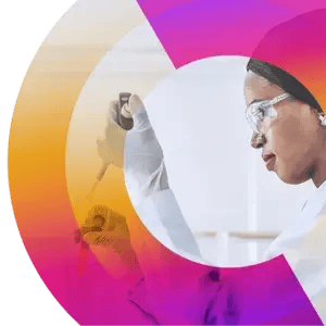 ProPharma flywheel transparently overlaid an image of a Woman injecting a test tube with syringe